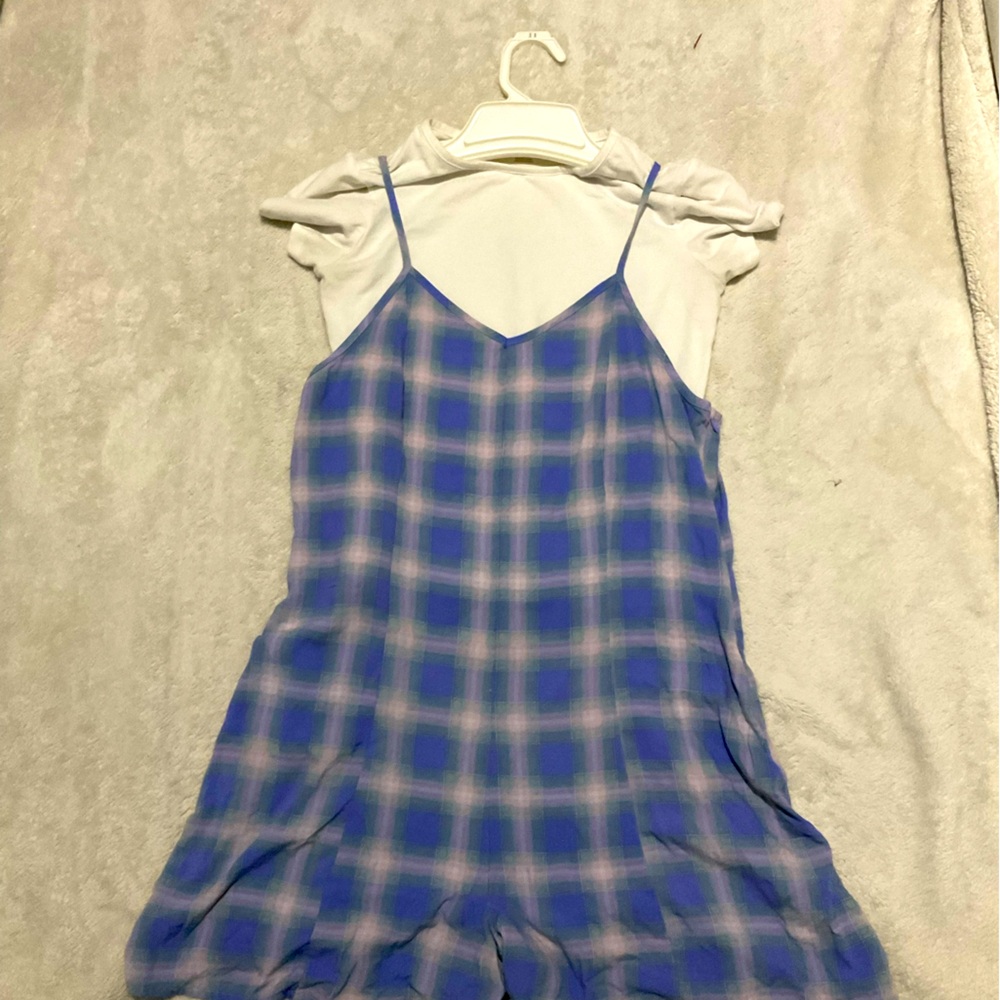 Blue plaid dress and white shirt.